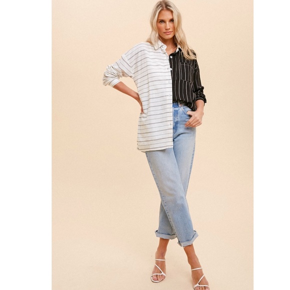 Hem & Thread Black and White Striped Button Down Shirt - Picture 2 of 4